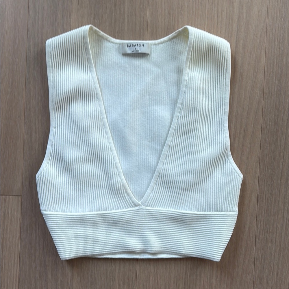 Babaton Cream Ribbed V-Neck Top